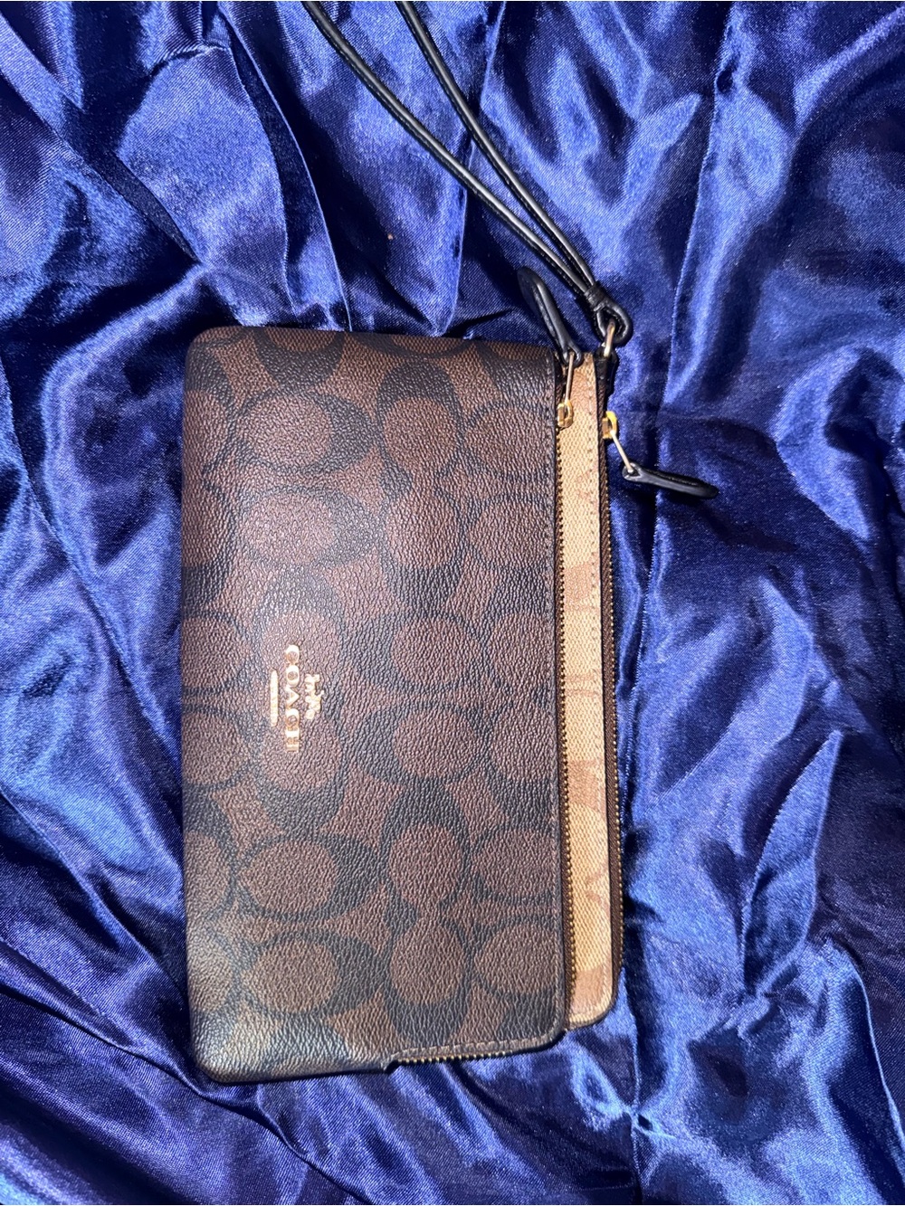 Coach Brown Signature Monogram Wristlet with Gold Logo